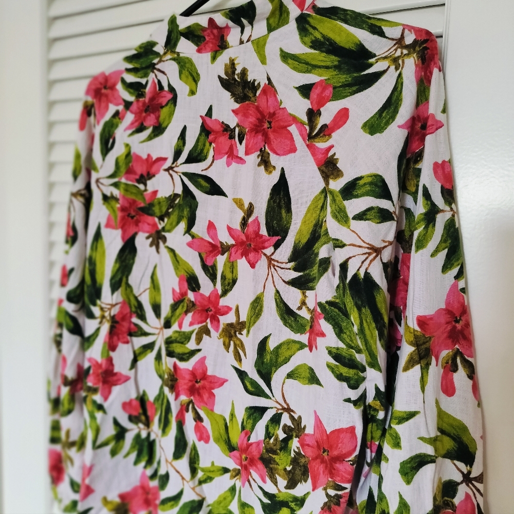 Zara Linen Blend Tropical Floral Blouse Green/Pink Size M Hawaiian - Picture 5 of 7